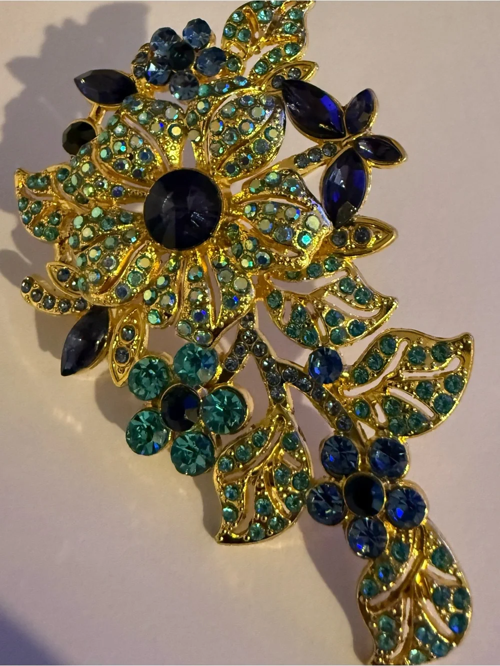 Gold Floral Crystal Brooch in Blue & Teal - Women Jewelry
